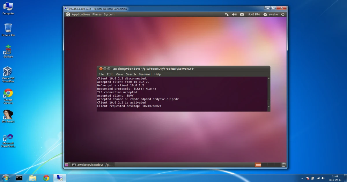 Accessing Linux from Windows using FreeRDP. (Credit:- https://www.freerdp.com)