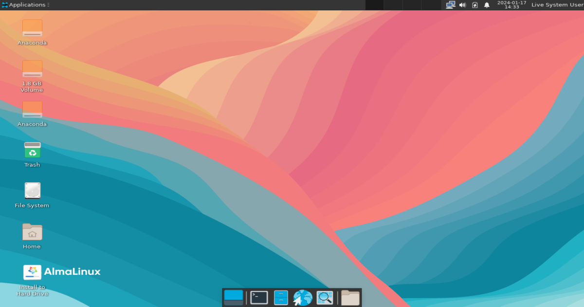 Alma Linux with XFCE4 Desktop Manager in Live Mode. (Credit:- https://wiki.almalinux.org)
